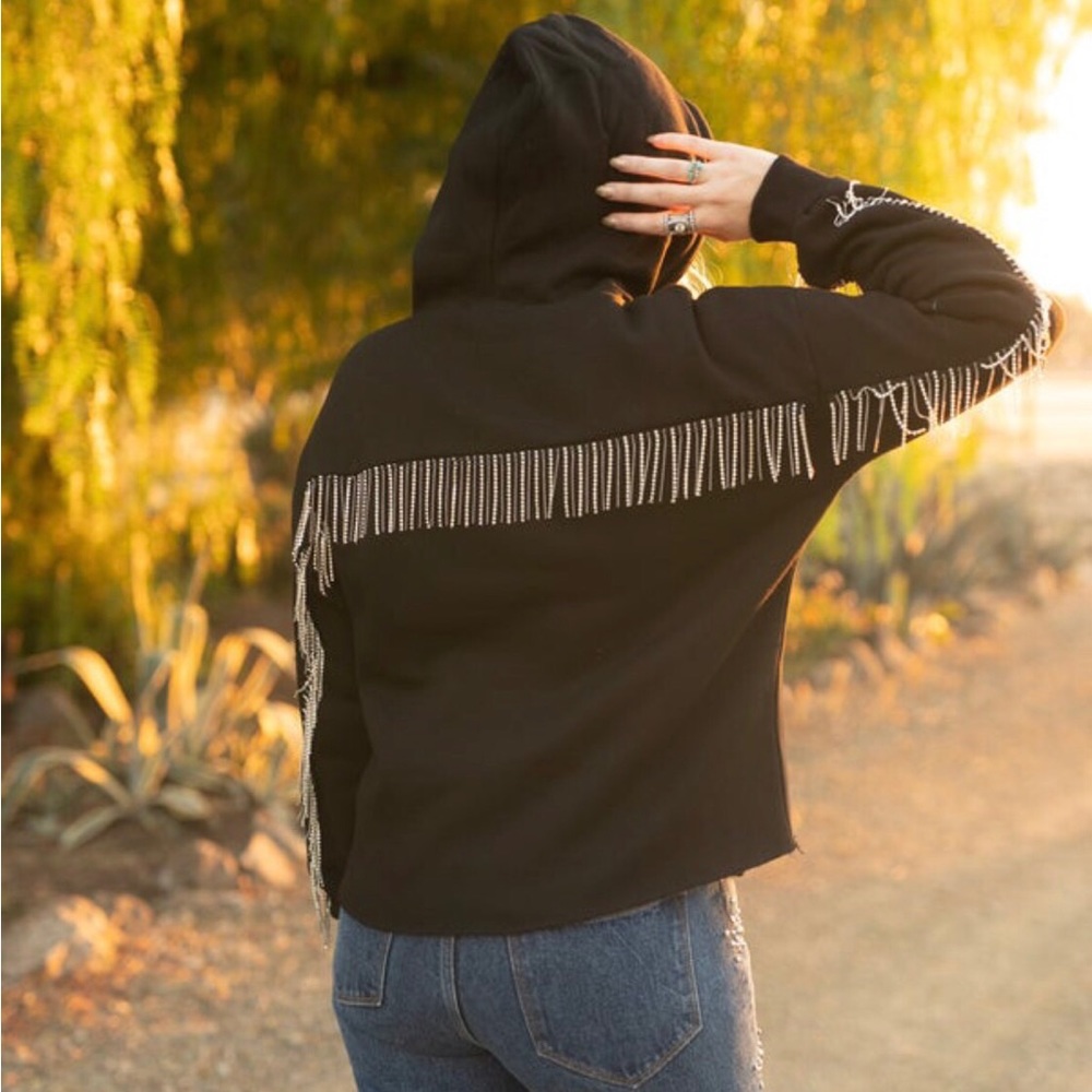NWOT Rhinestone Fringe Hooded Sweatshirt Size S Fringe on arm and back